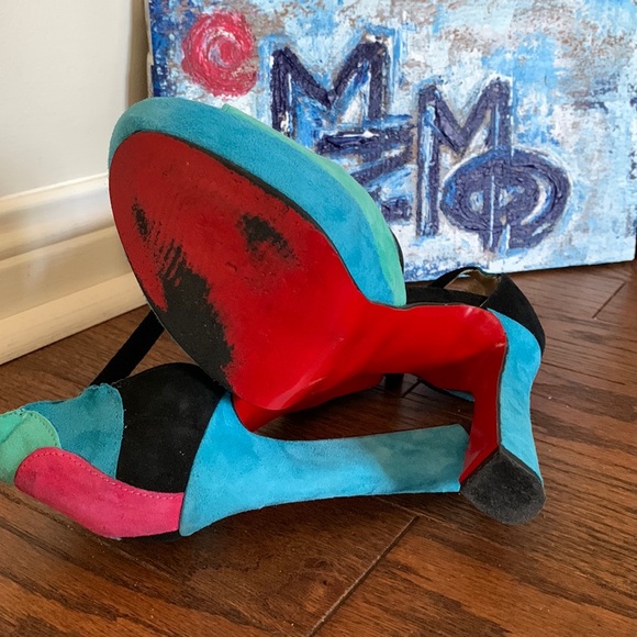 L’Estrosa RARE 38 Handcrafted Italian Suede Patchwork Platform Black Pink Teal - Picture 9 of 13